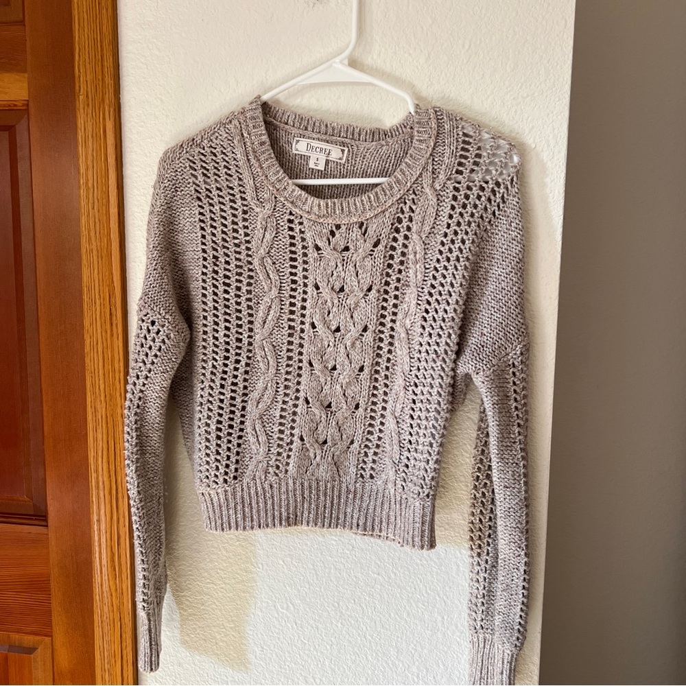 Decree Metallic Open Knit Cable Sweater Small Taupe Beige Cropped Pullover